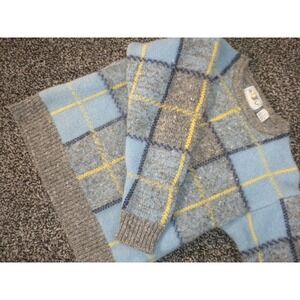 International Rough Cut Sweater Mens L Blue Gray Wool Window Pane Vintage 80's‎